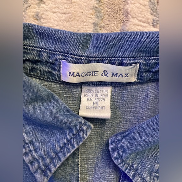 A11 Maggie Max Pearl Snap Button Up Shirt VTG Cap Sleeve Top Denim Blue Jean PS - Picture 2 of 9